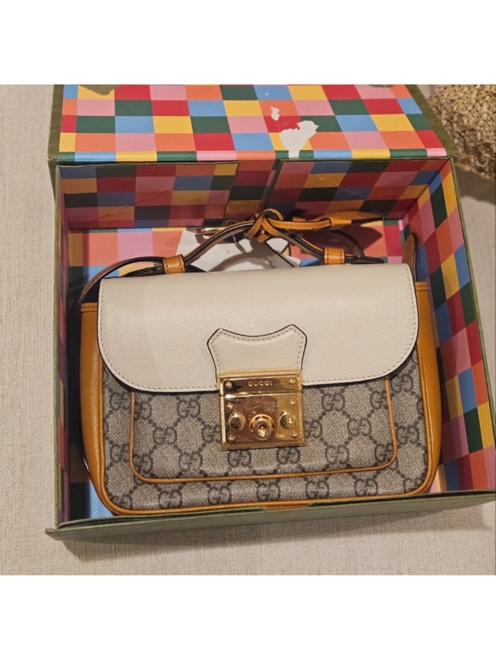 Gucci Beige, Brown & Tan GG Supreme Crossbody with White Flap